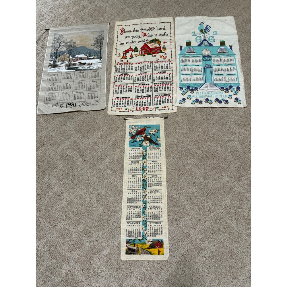 Vintage Linen Calendar Tea Towel Lot 1963 1976 1981 1986 Wall Hanging Folk Art